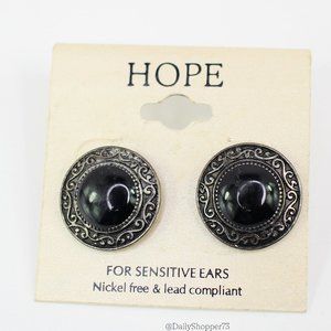 HOPE Vintage Women's Black Button Antique Silver Tone Stud Earrings